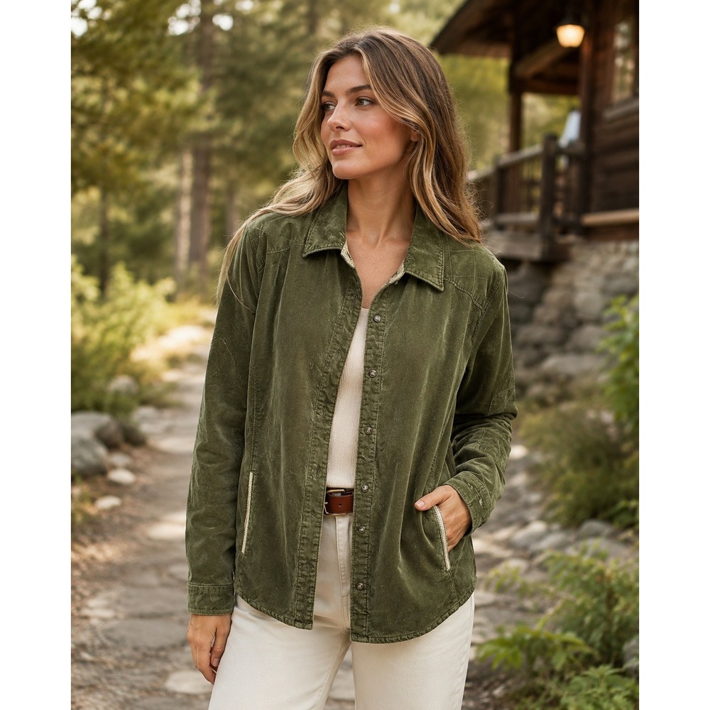 Columbia River Resort Velour Shirt Jacket Green Shacket Large Granola Heritage